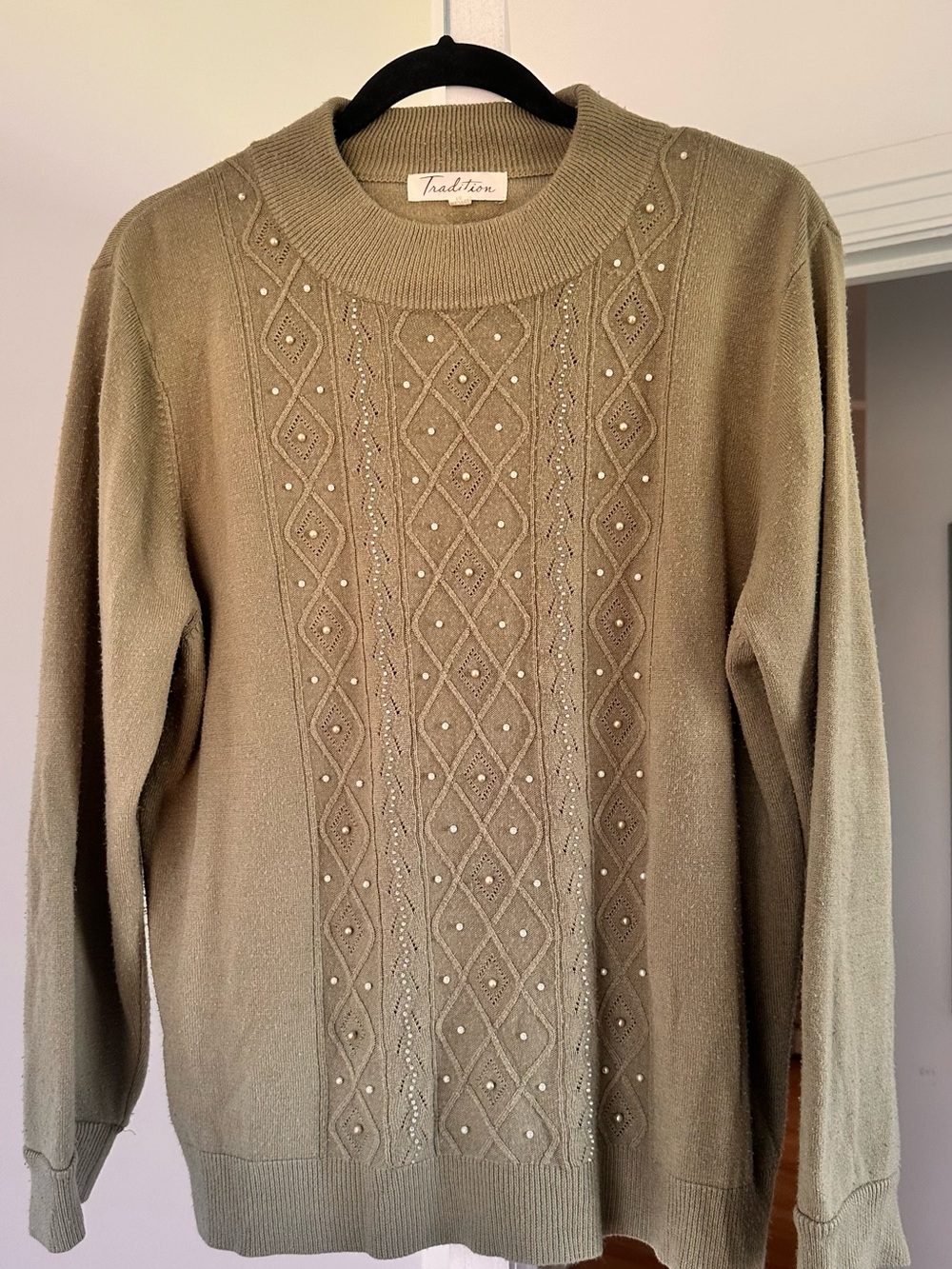 Tradition Olive Green Crewneck Sweater with Embellished Cable Knit